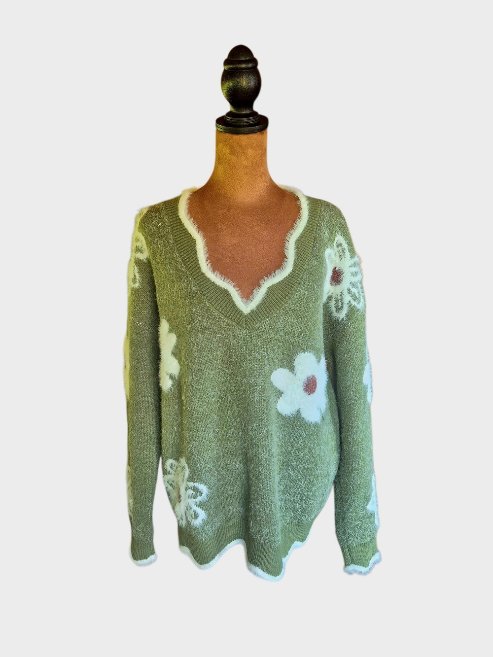 Olive Green Floral V-Neck Pullover Fuzzy Sweater